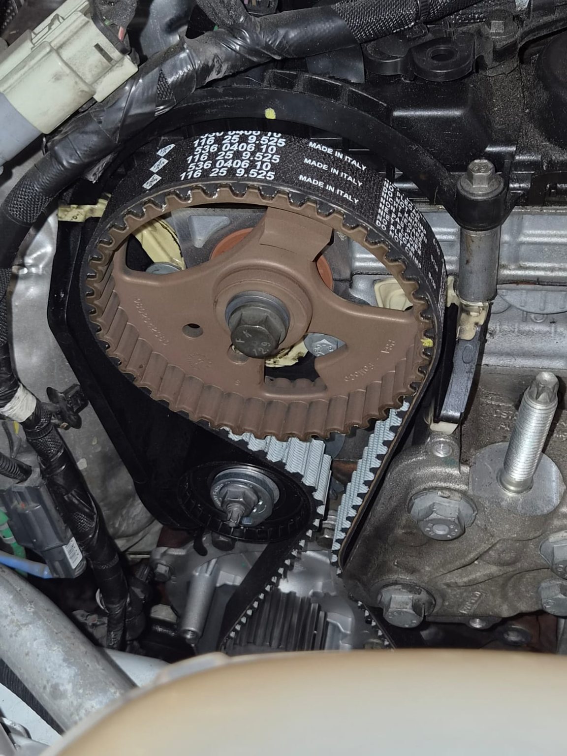 A new timing belt fitted round the cam pulley of an engine